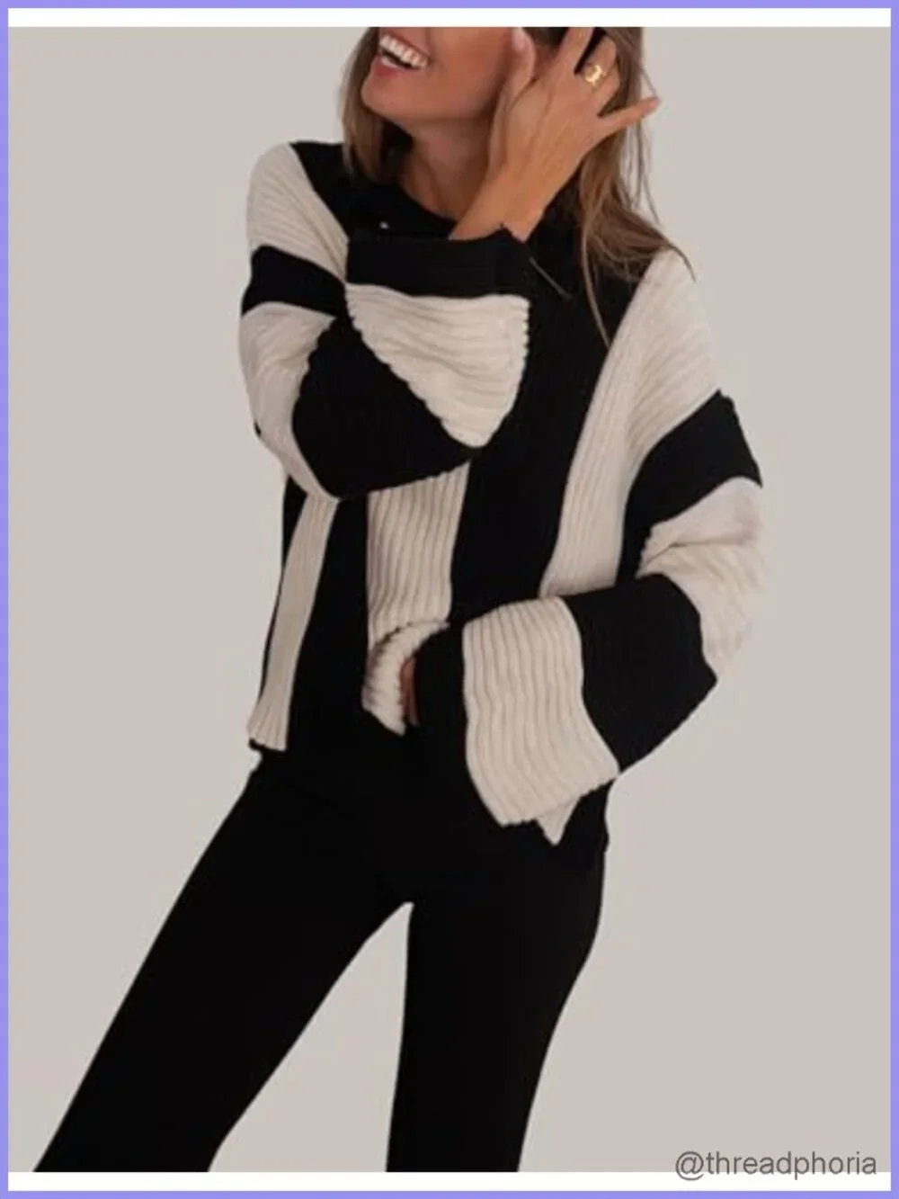 Womens Striped Bell Sleeve Pullover Sweater Loose Color Block Crew Neck Knit